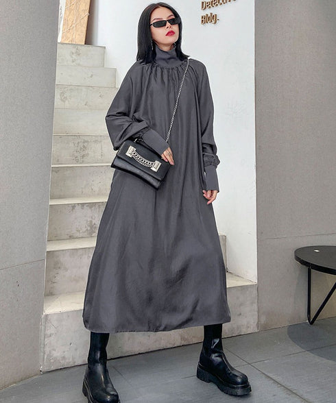 Glossy Gathered High Neck Dress